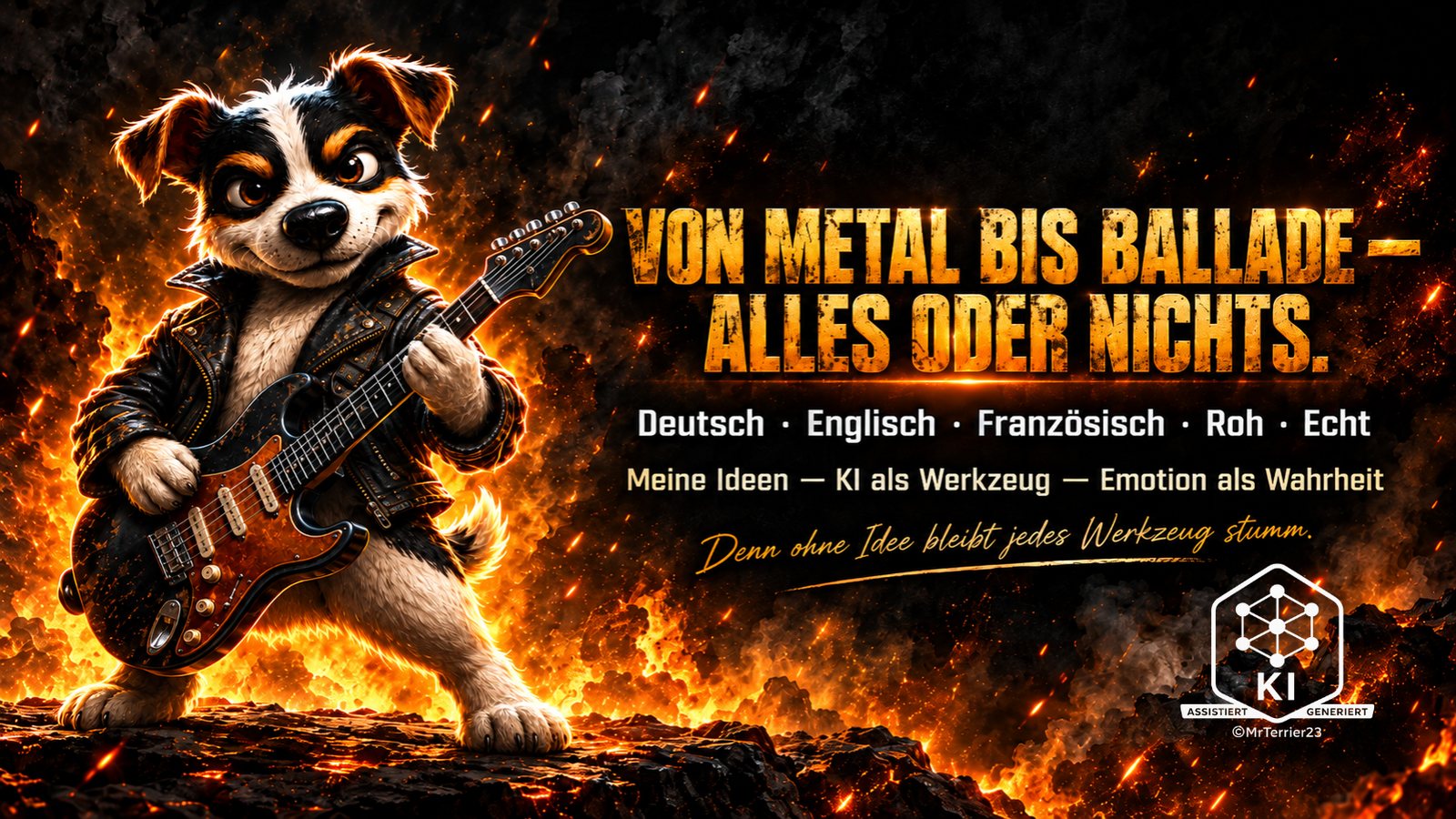 Banner: Terrier mit E-Gitarre vor Feuer. Text: Von Metal bis Ballade – alles oder nichts.